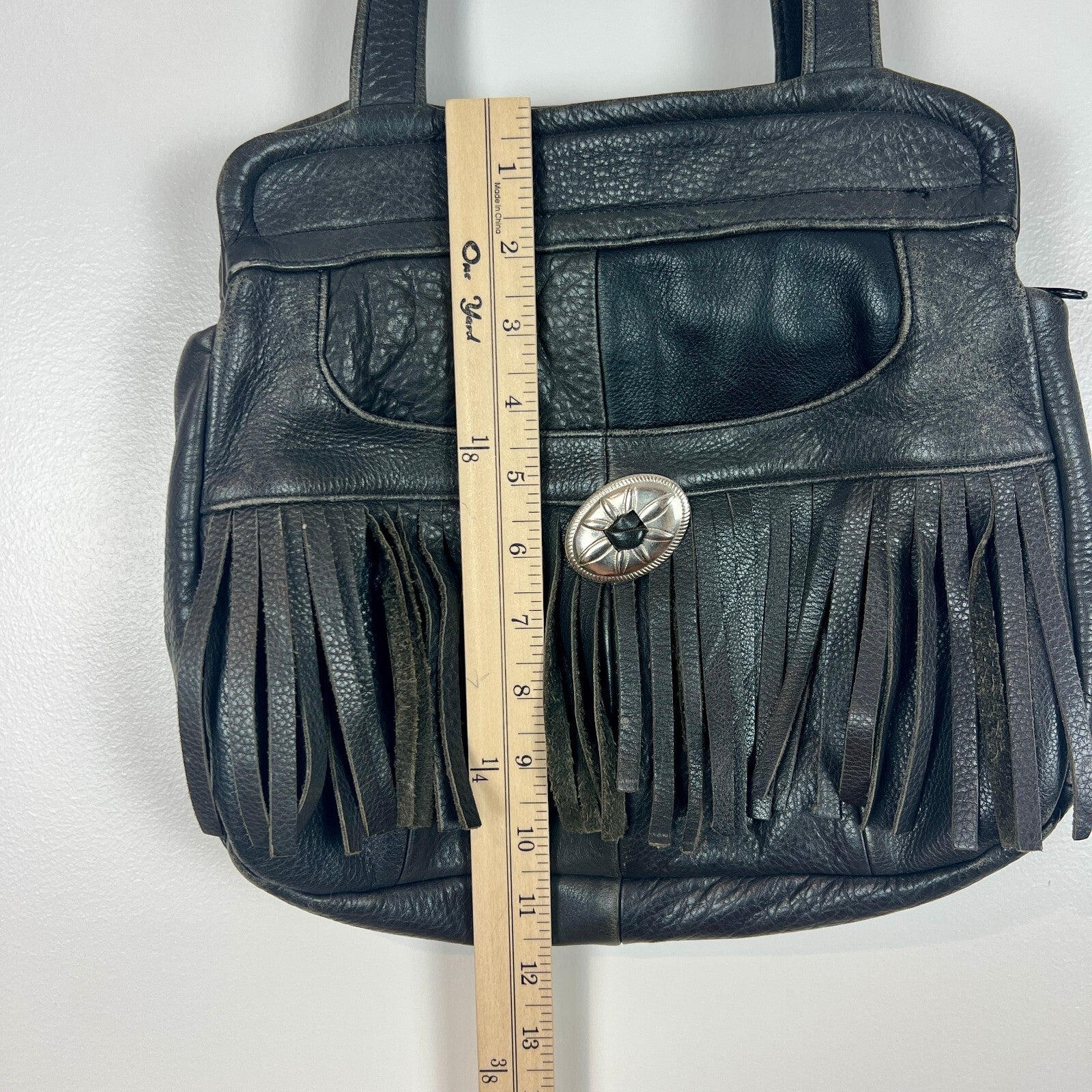 Vintage Black Genuine Leather Fringe Shoulder Bag Western Boho Purse Made Mexico