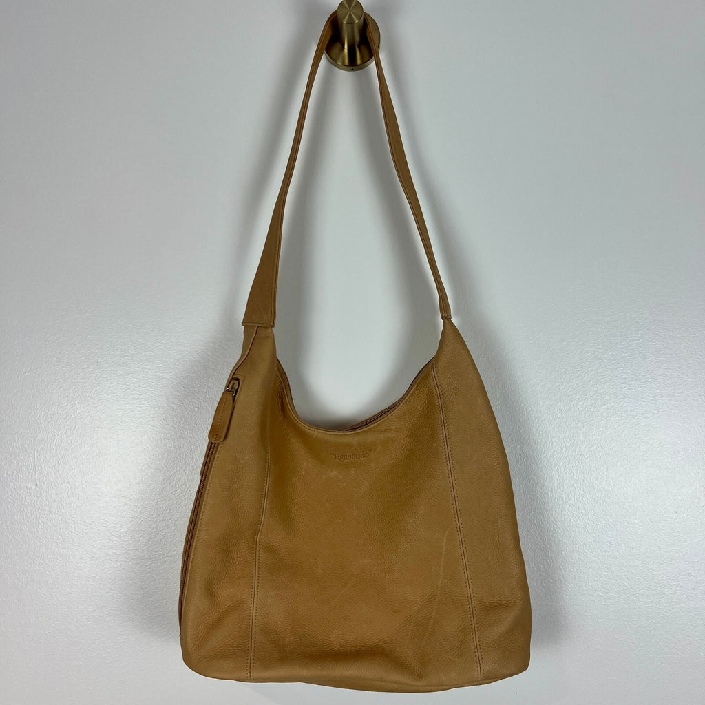 Tignanello Tan Pebbled Leather Hobo Shoulder Bag Large Zip Pocket Purse