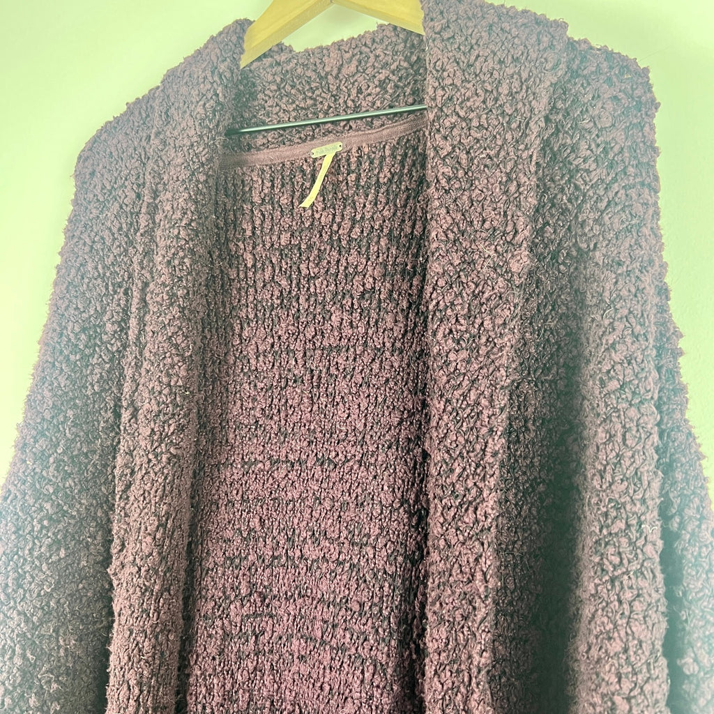 Free People Chunky Knit Long Open Cardigan Sweater Plum Women's Medium Boho