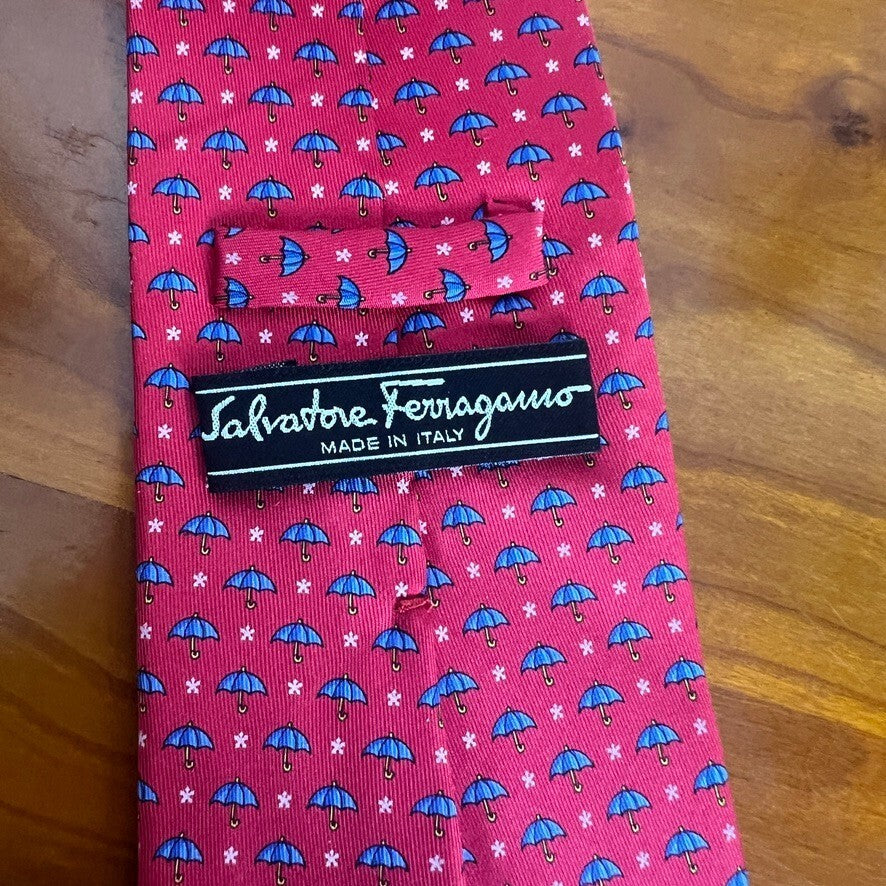 Salvatore Ferragamo Red Silk Umbrella Print Tie Made in Italy Luxury