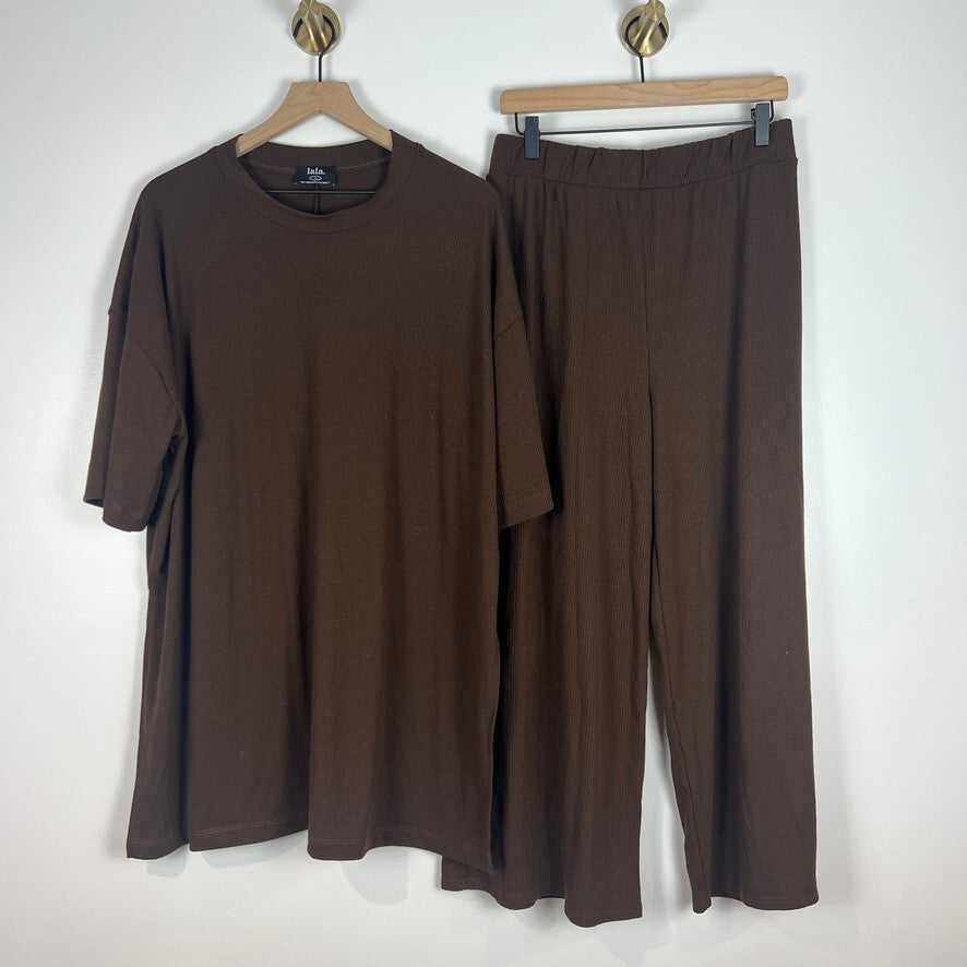 Dressed in Lala Brown Ribbed Lounge Set Wide Leg Pants Oversized Top Large