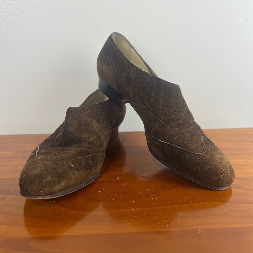 Hermès Paris Brown Suede Wingtip Slip-On Loafers Women's Made in France Size 5.5