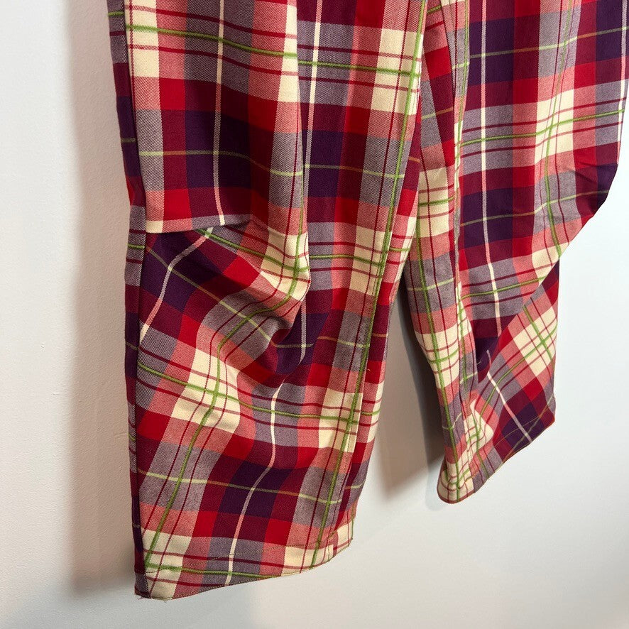 Free People Red Plaid Wide Leg Crop Pants Elastic Waist Women's Large NWOT