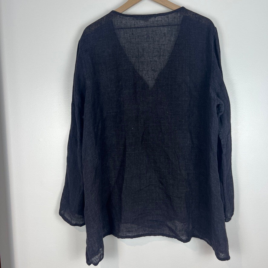 FLAX 100% Linen Charcoal Button Front Tunic Blouse Top Women’s Large L