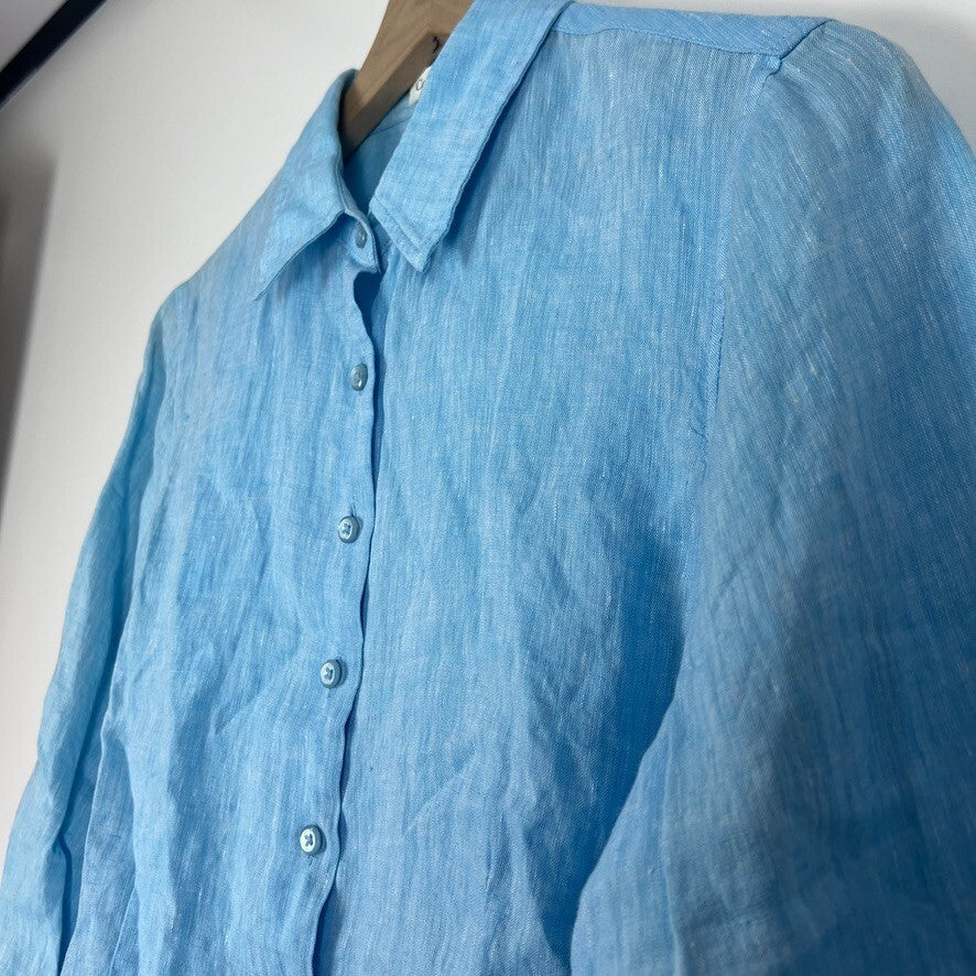 NWT Coldwater Creek 100% Linen Blue Button Front Shirt Petite Large PL
