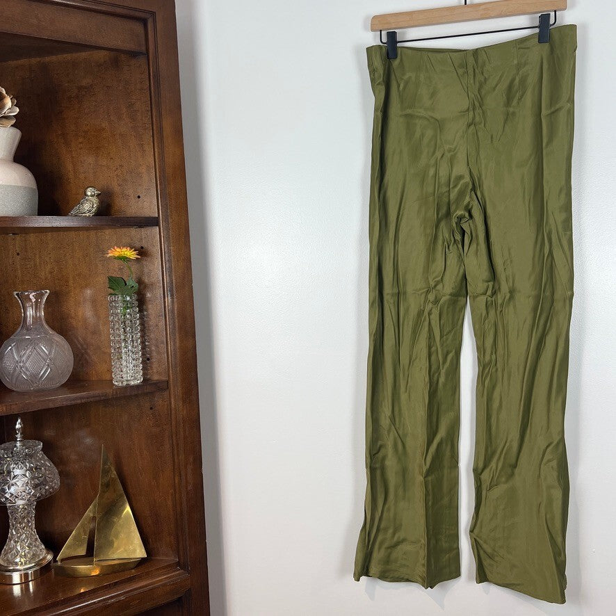 Anthropologie Tilda Pull-On Wide Leg Satin Pants Olive Green Women's Medium