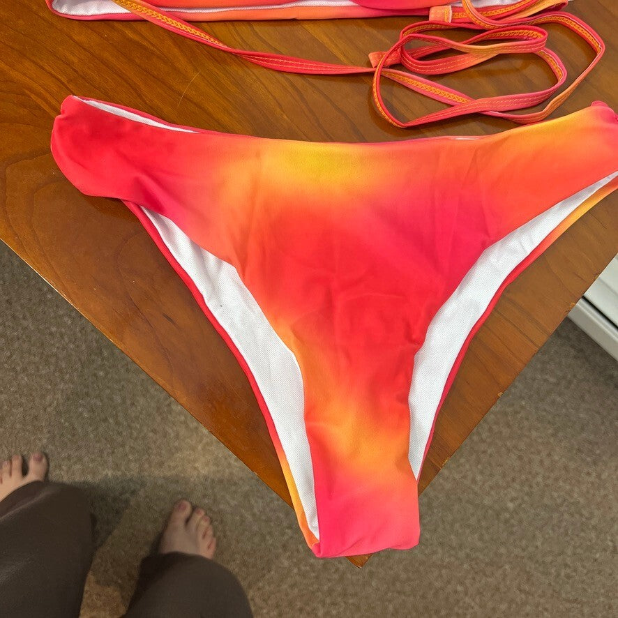 Women's Neon Red Orange Ombre 3 Piece Bikini Set & Sarong Cover Up Medium - NWT