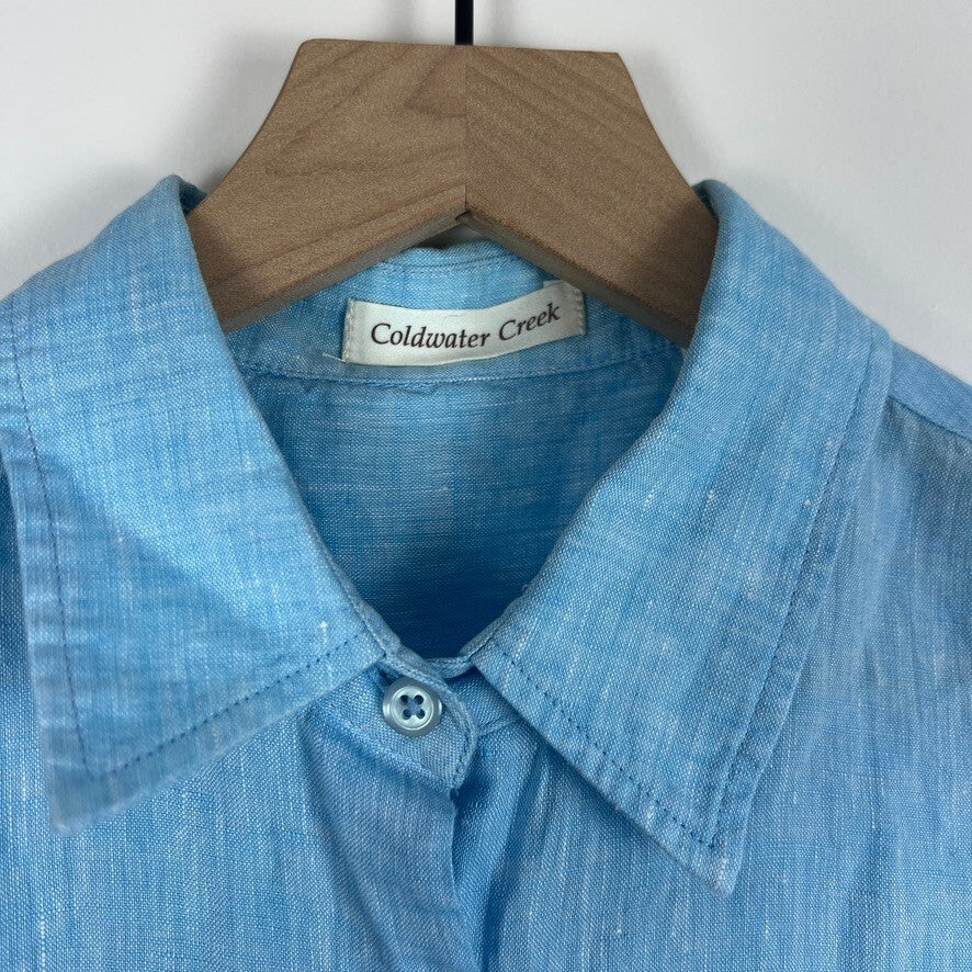NWT Coldwater Creek 100% Linen Blue Button Front Shirt Petite Large PL
