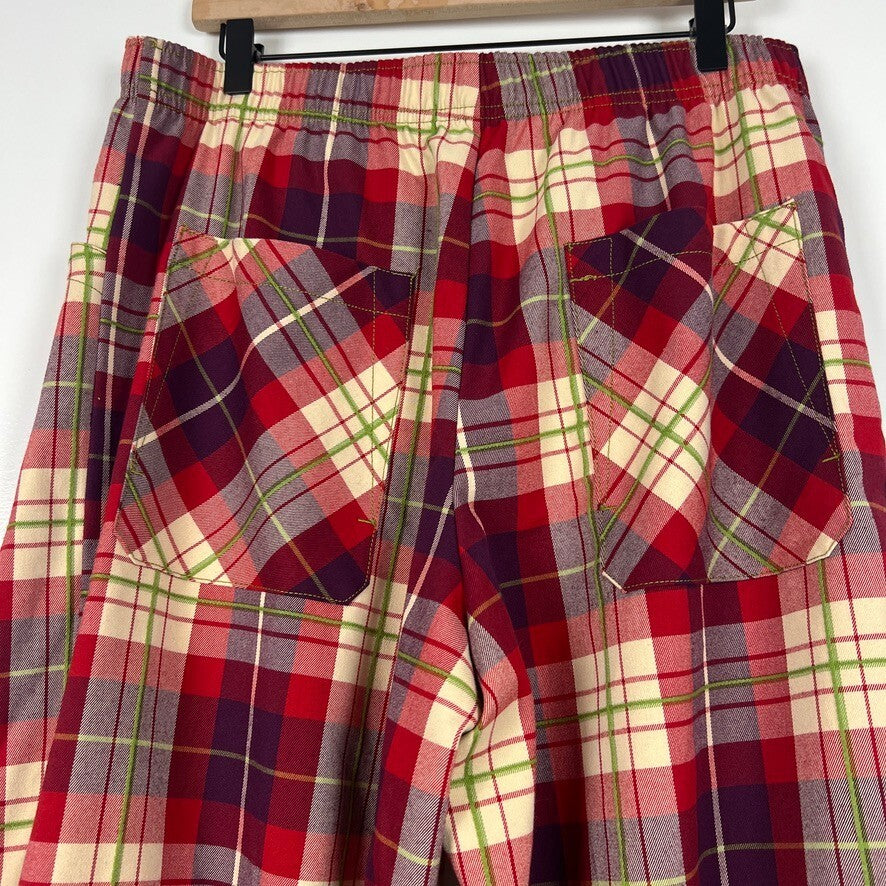 Free People Red Plaid Wide Leg Crop Pants Elastic Waist Women's Large NWOT