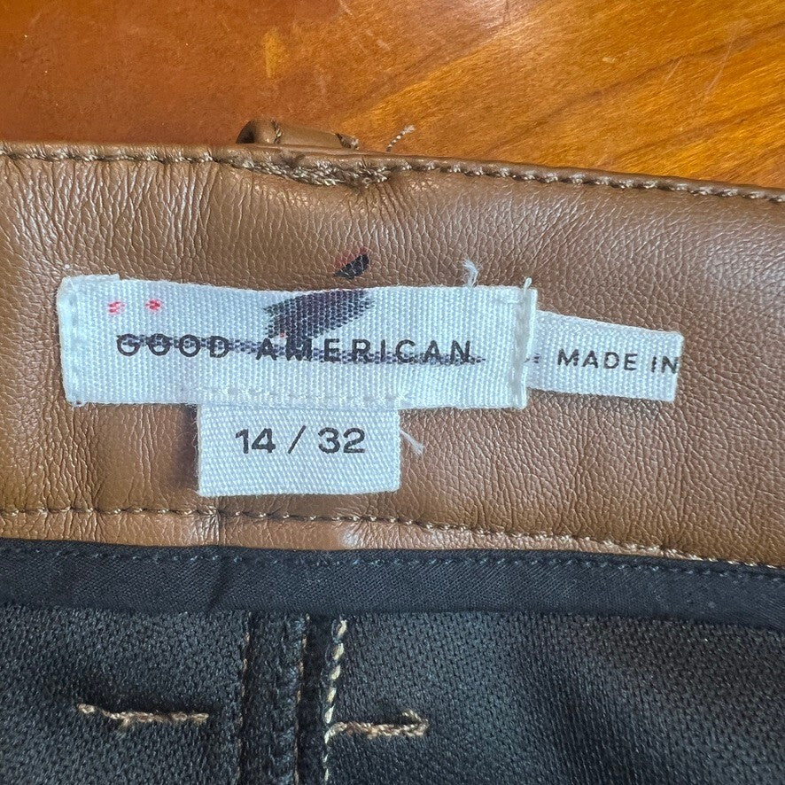 Good American Faux Leather Straight Leg Pants Burnt Caramel 14/32 Women's