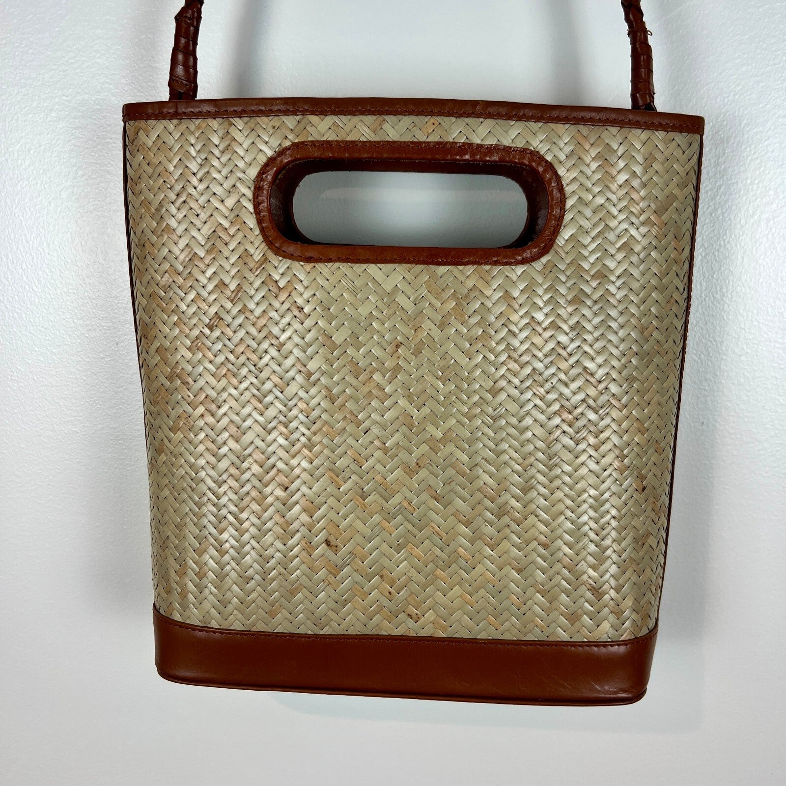 Bembien Woven Straw Leather Shoulder Bag Tote Cutout Handles Brown Natural