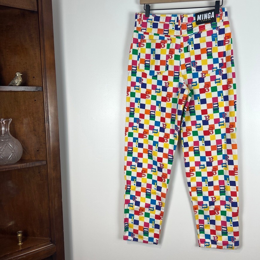 Minga London Checkerboard Graphic Straight Leg Jeans Women's US 6 Colorful