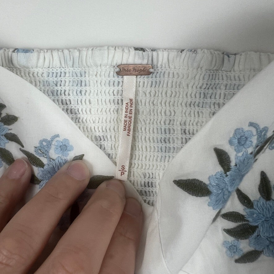 Free People Embroidered Floral Bustier Crop Top Ivory Blue NWT Size Small
