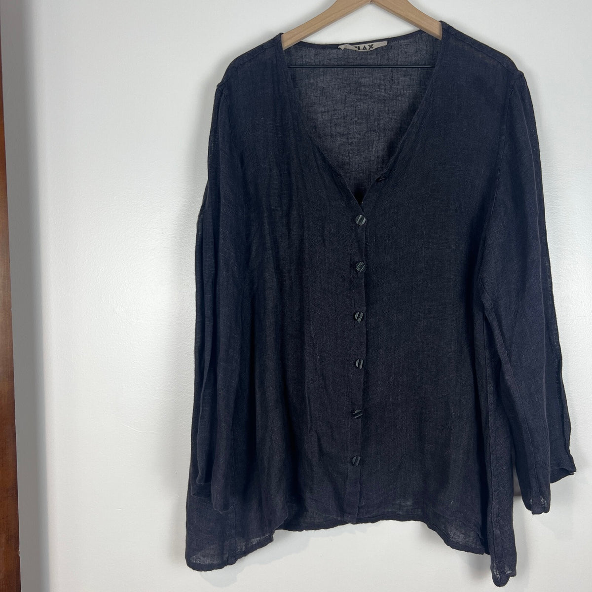 FLAX 100% Linen Charcoal Button Front Tunic Blouse Top Women’s Large L