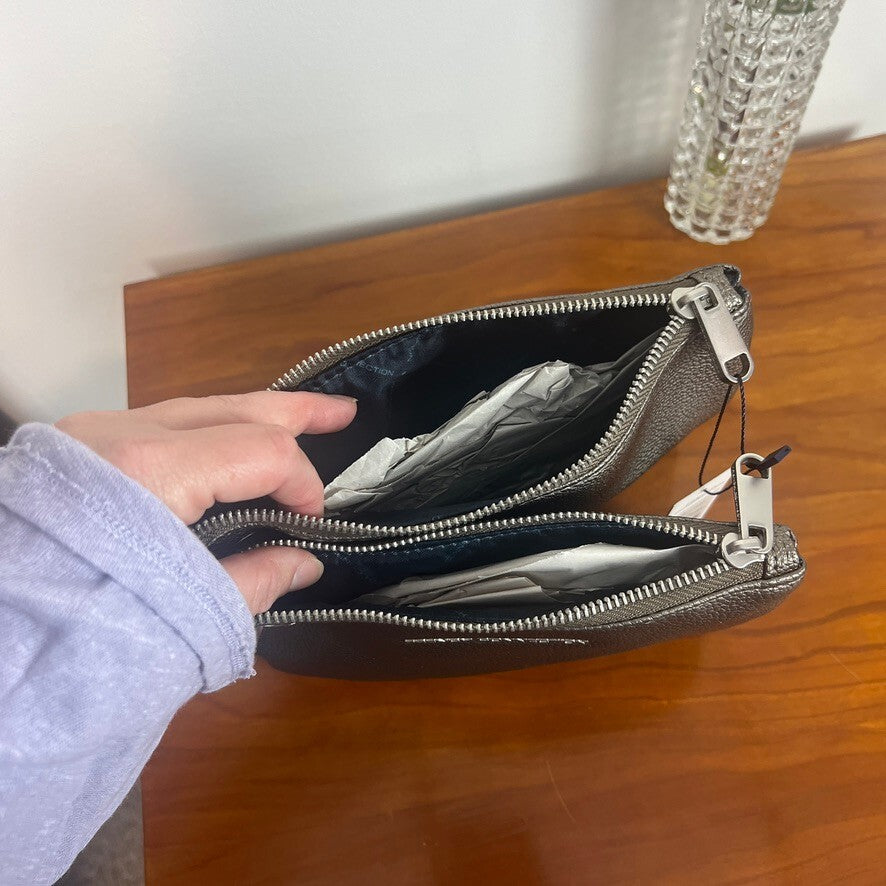 French Connection Pewter Double Pouch Wristlet Pebble Faux Leather Bag