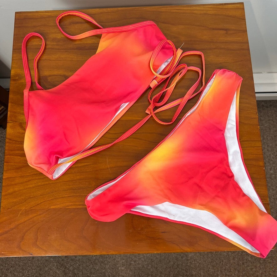 Women's Neon Red Orange Ombre 3 Piece Bikini Set & Sarong Cover Up Medium - NWT