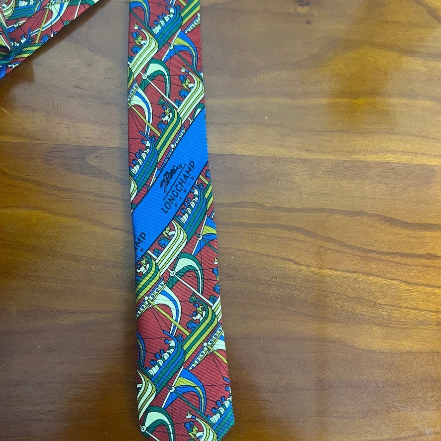 Longchamp Paris Silk Tie Red Viking Ship Print Made in Italy Designer