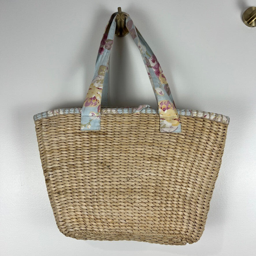Laura Ashley Floral Lined Straw Tote Beach Bag Large Woven Shopper NWT