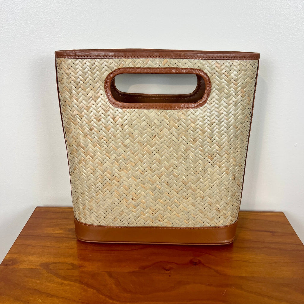Bembien Woven Straw Leather Shoulder Bag Tote Cutout Handles Brown Natural