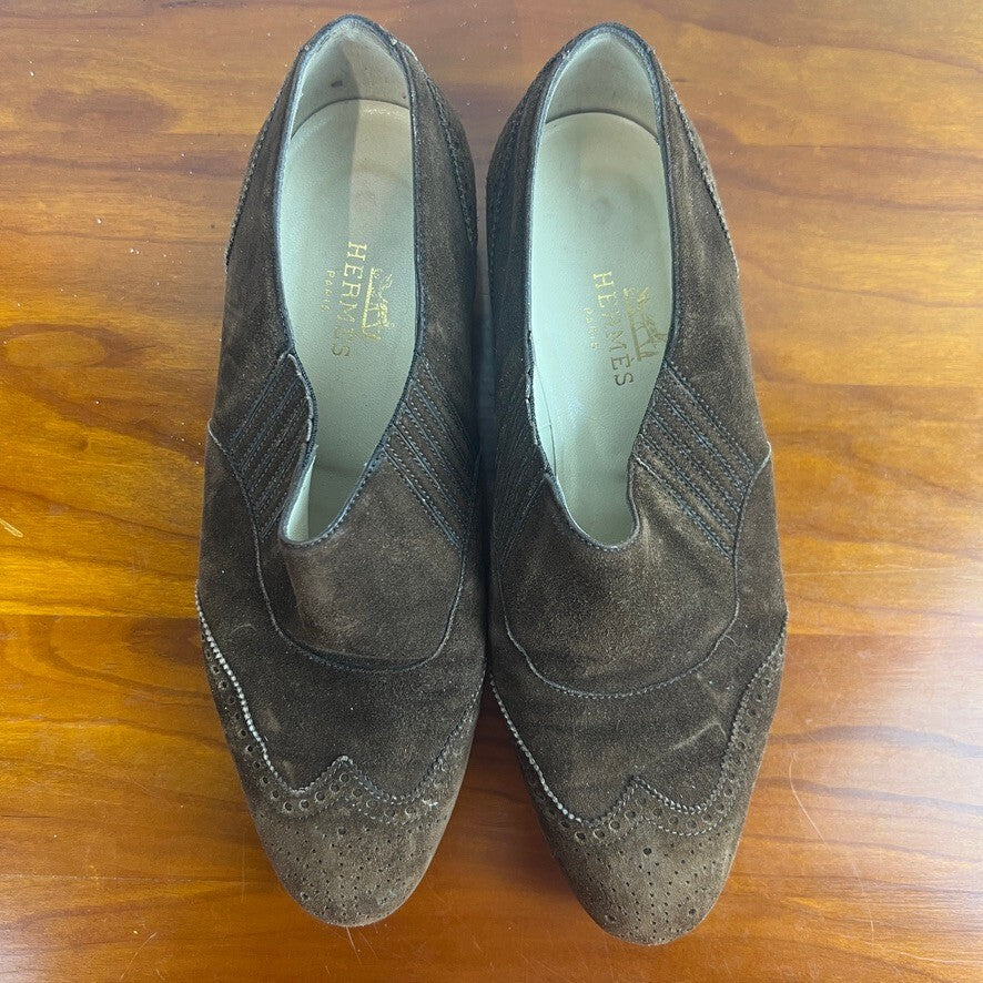 Hermès Paris Brown Suede Wingtip Slip-On Loafers Women's Made in France Size 5.5