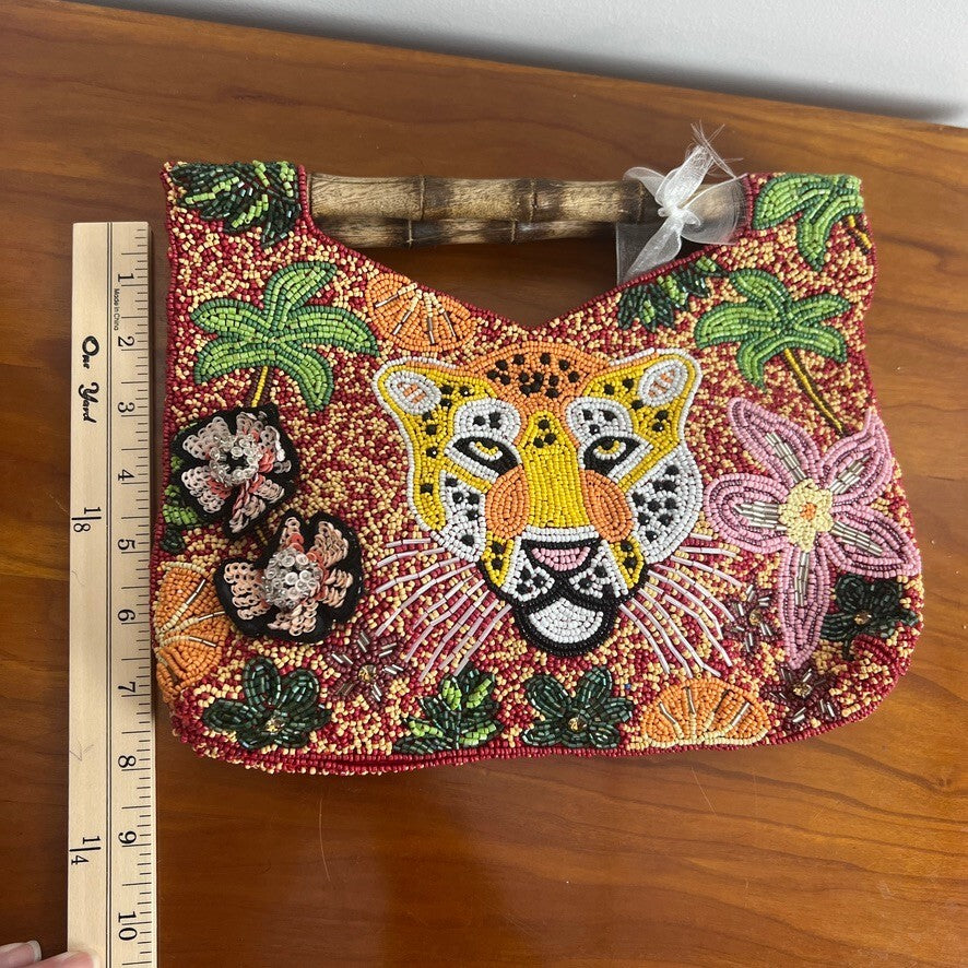 NWT Handmade India Beaded Leopard Bamboo Handle Handbag Tropical Purse Tote