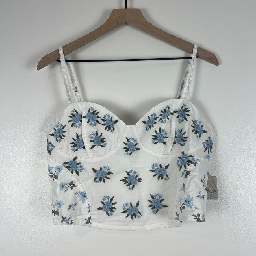 Free People Embroidered Floral Bustier Crop Top Ivory Blue NWT Size Small