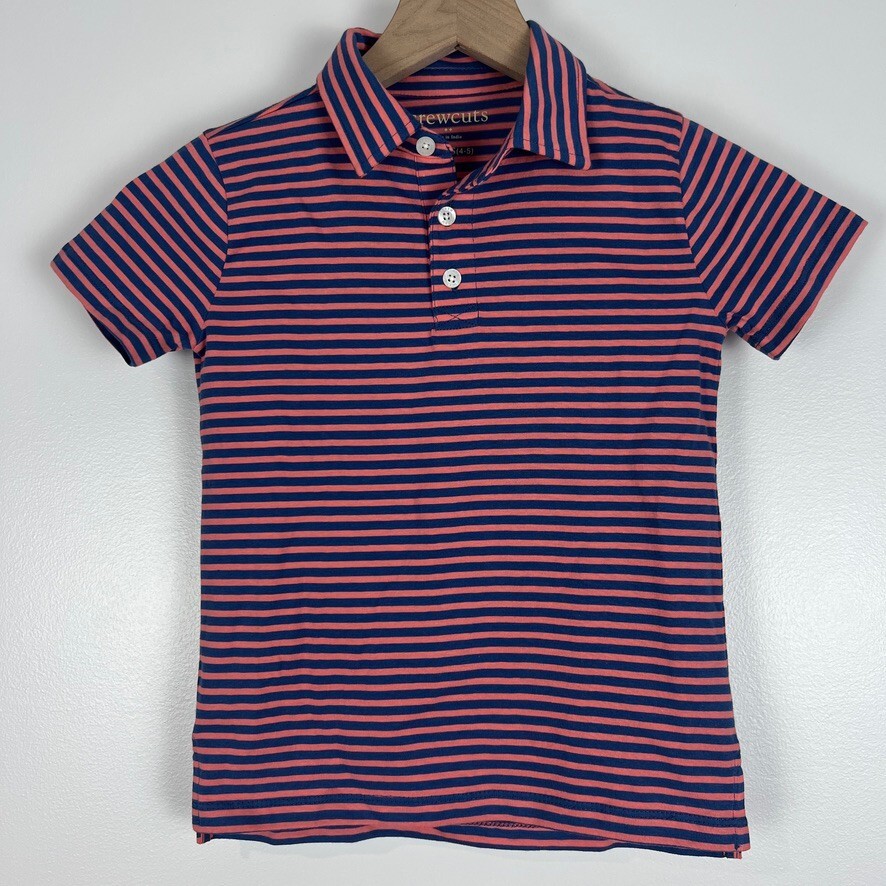 J.Crew Crewcuts Boys XS 4-5 Navy Coral Stripe Short Sleeve Polo Shirt NWT