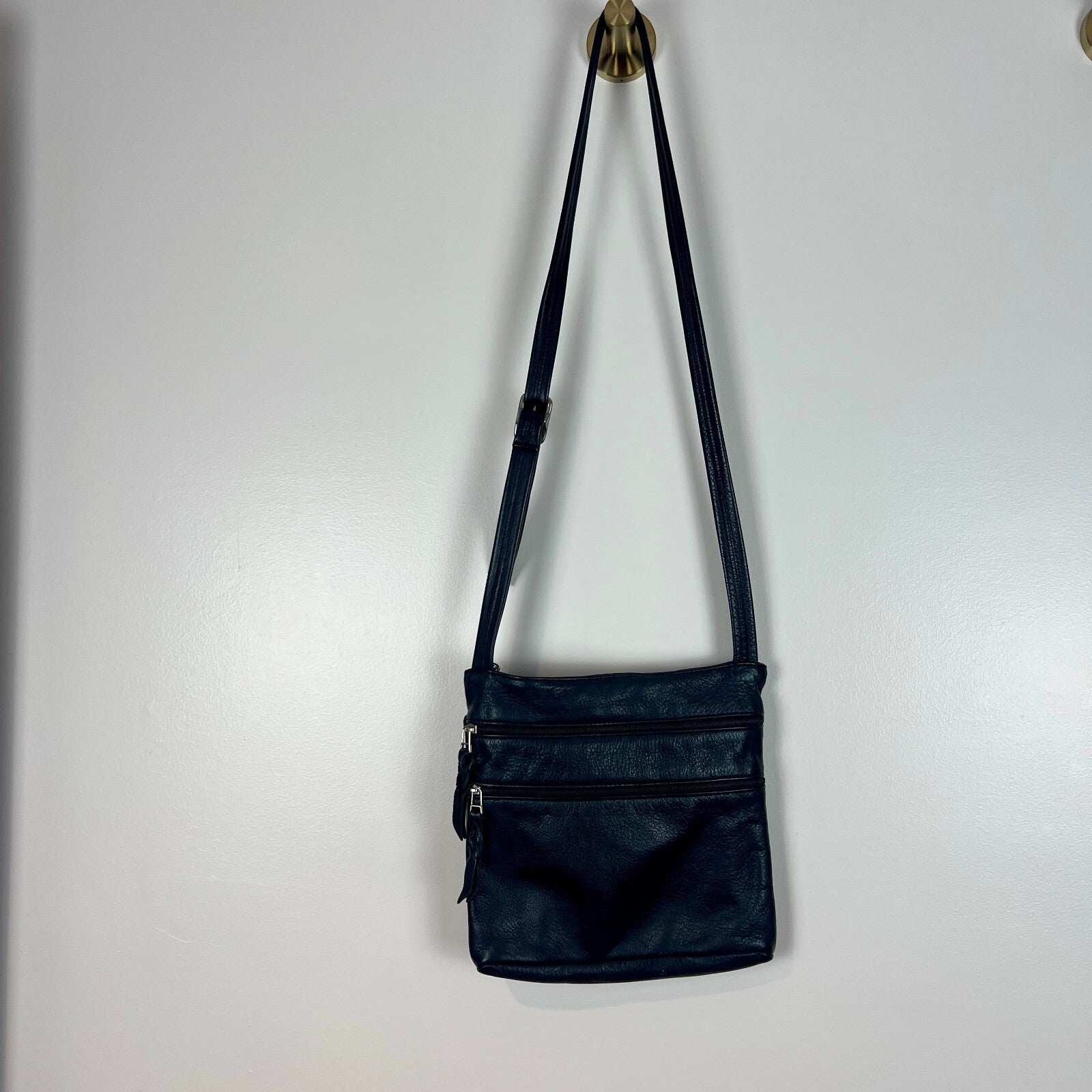 SAS Genuine Leather Black Crossbody Organizer Bag Adjustable Strap USA Made