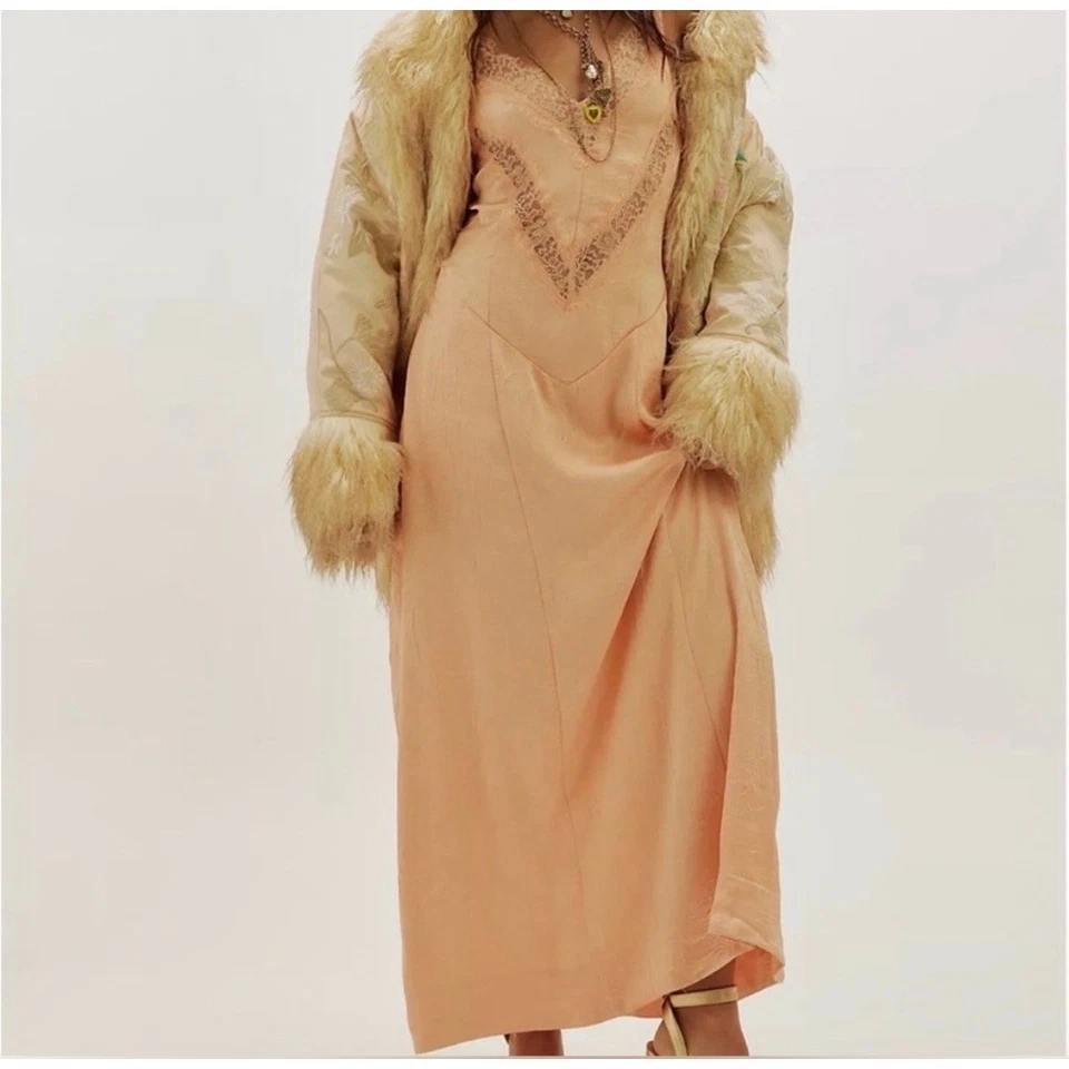 Free People Maybe Forever Satin Lace Maxi Slip Dress Peach Women's Size 8 Boho