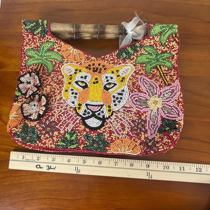 NWT Handmade India Beaded Leopard Bamboo Handle Handbag Tropical Purse Tote