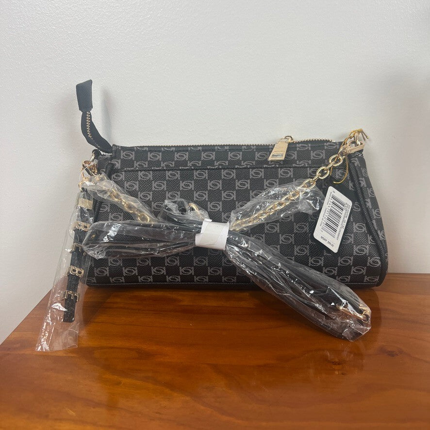 xBebe Black Monogram Crossbody Bag Gold Chain Strap NWT Logo Chic Style