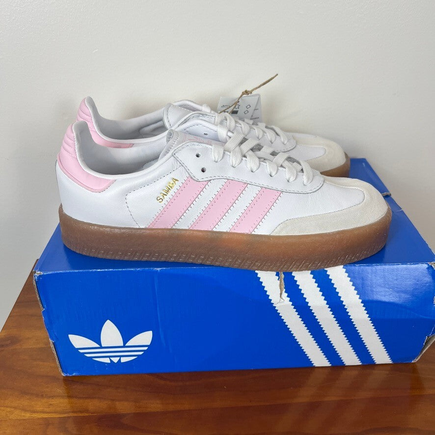 Adidas Sambae J White Pink Gum Big Kids 7 Womens 8.5 Platform JQ1237 NWT