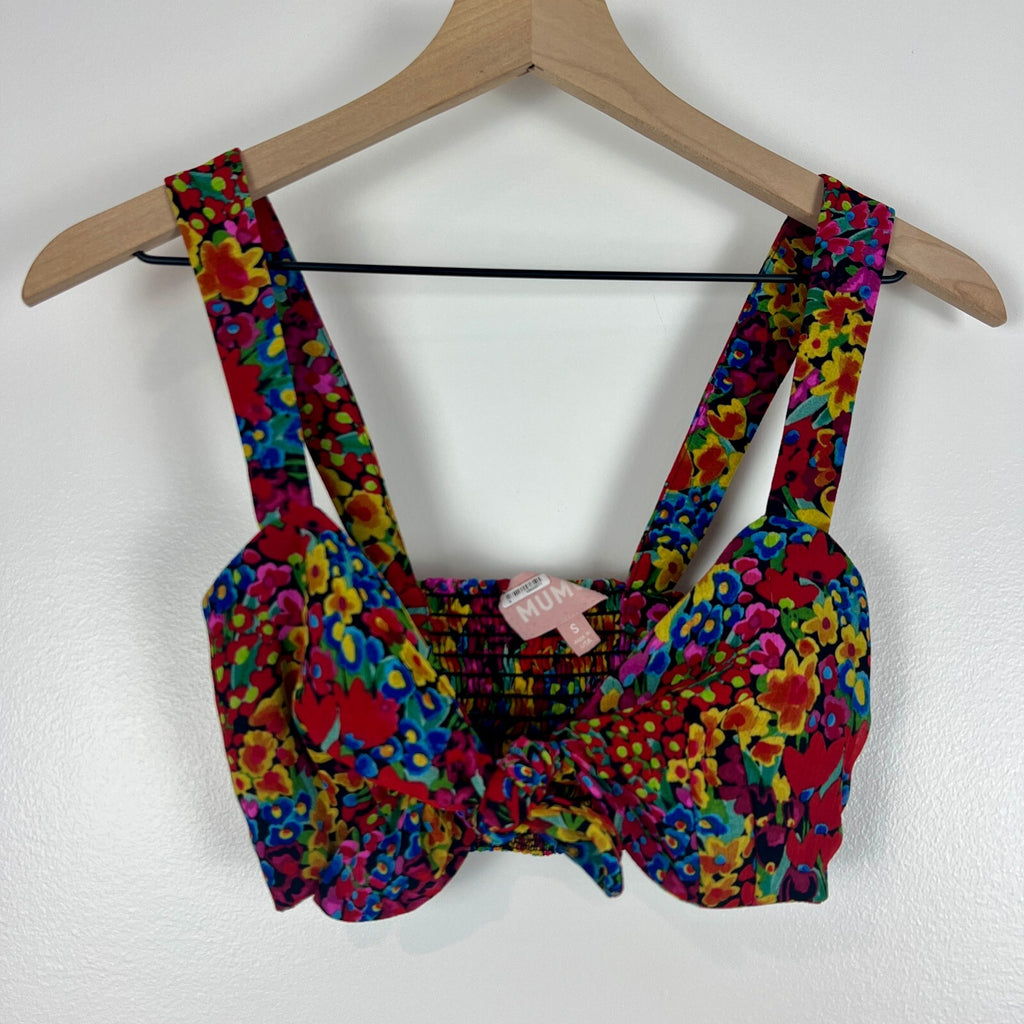 Show Me Your Mumu Floral Tie Front Crop Top Size S Multicolor Smocked Back
