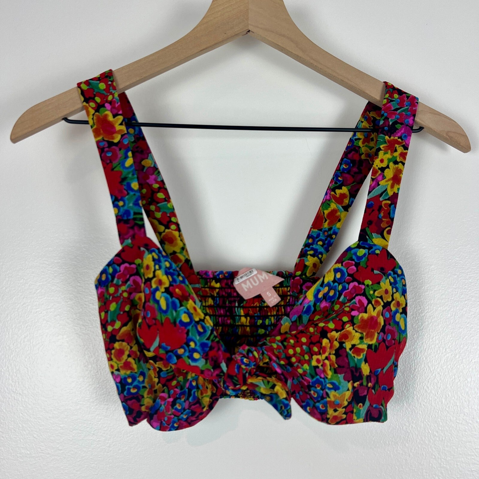 Show Me Your Mumu Floral Tie Front Crop Top Size S Multicolor Smocked Back