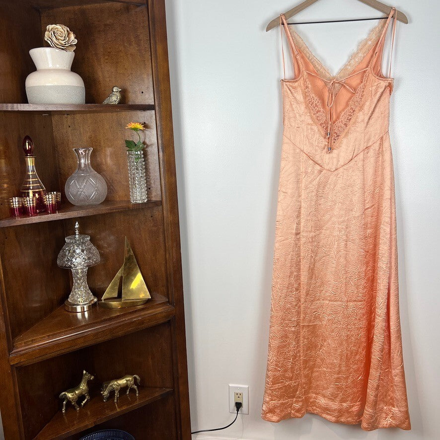 Free People Maybe Forever Satin Lace Maxi Slip Dress Peach Women's Size 8 Boho