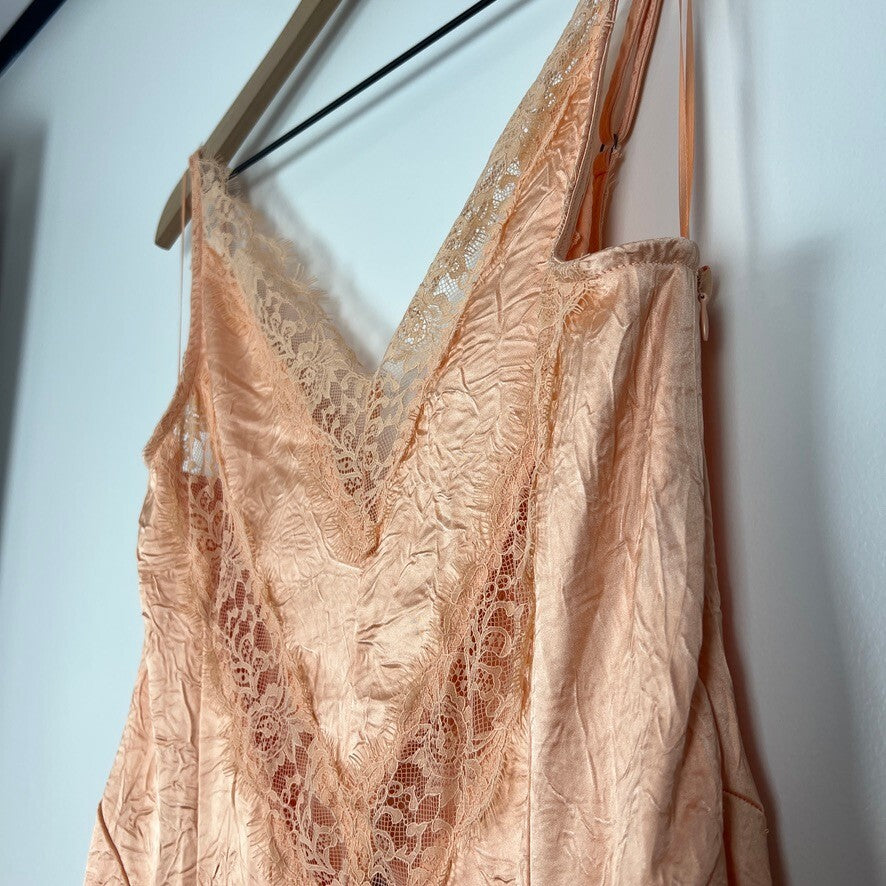 Free People Maybe Forever Satin Lace Maxi Slip Dress Peach Women's Size 8 Boho