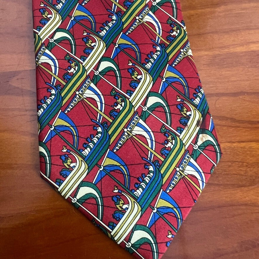Longchamp Paris Silk Tie Red Viking Ship Print Made in Italy Designer
