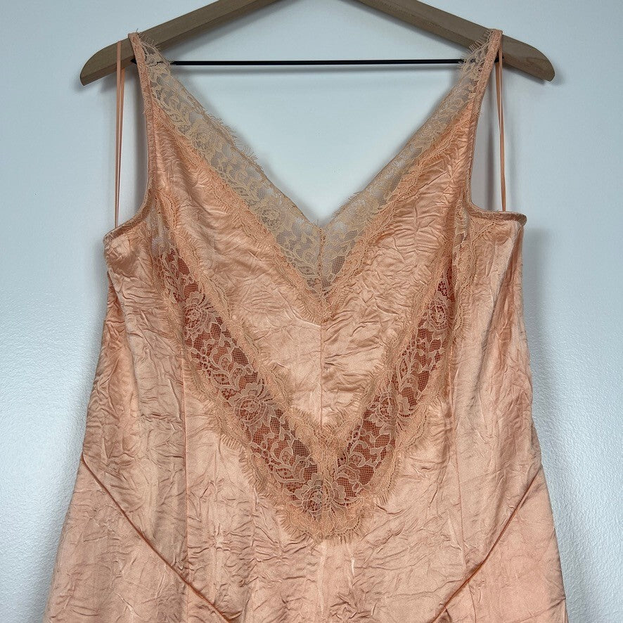 Free People Maybe Forever Satin Lace Maxi Slip Dress Peach Women's Size 8 Boho