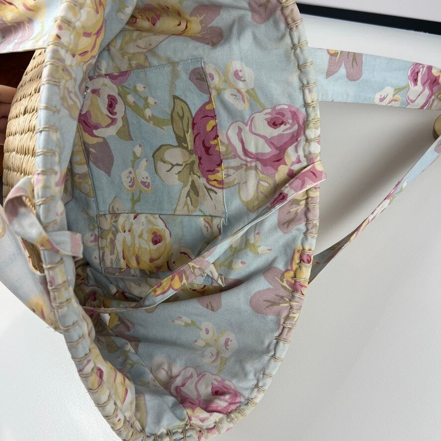 Laura Ashley Floral Lined Straw Tote Beach Bag Large Woven Shopper NWT