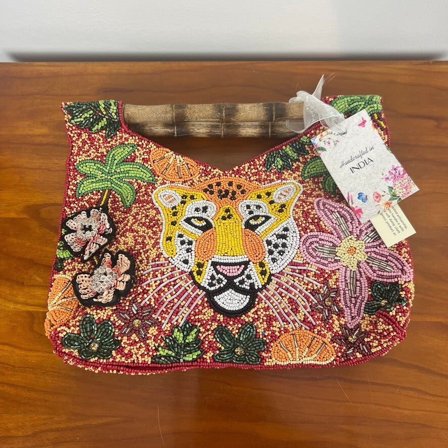 NWT Handmade India Beaded Leopard Bamboo Handle Handbag Tropical Purse Tote