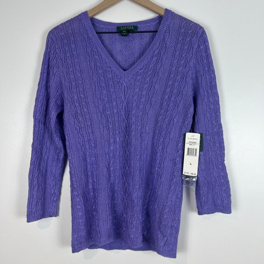NWT Lauren Ralph Lauren Purple Linen Cable Knit V-Neck Sweater Women's L