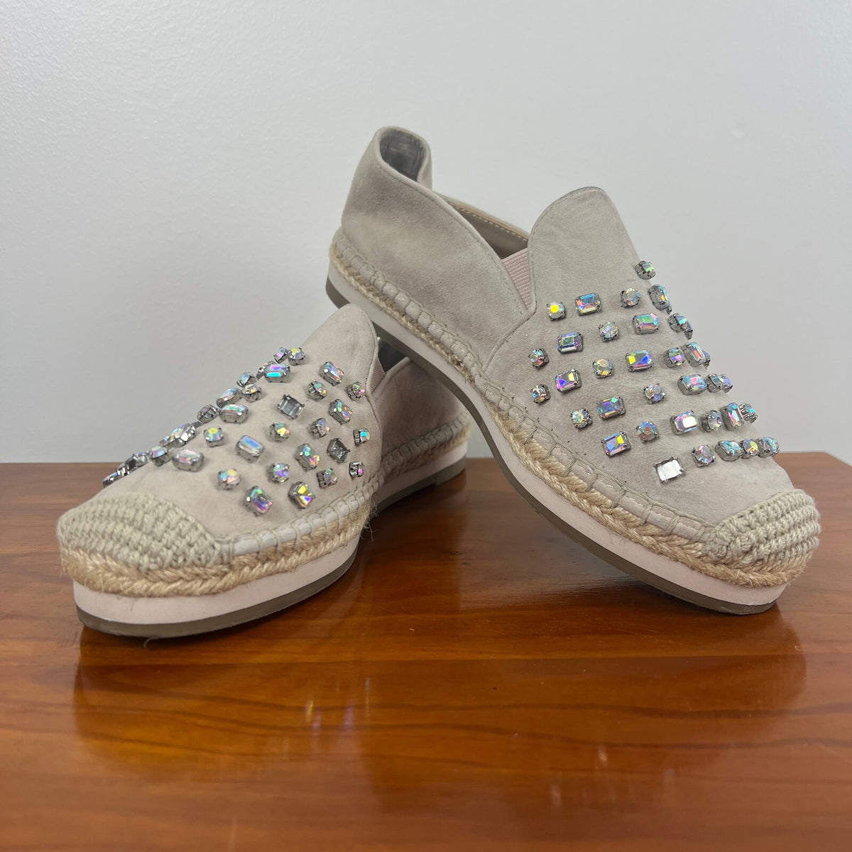 Botkier Susie Crystal Embellished Suede Espadrille Loafers Beige Women's 7.5