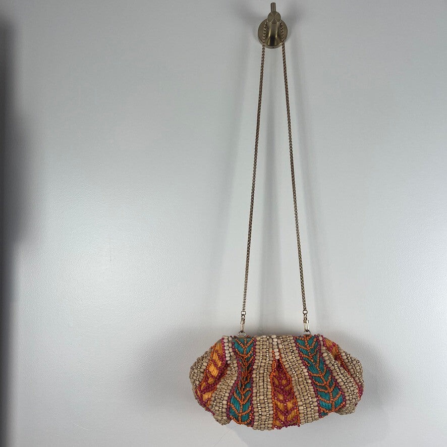Colorful Wood Beaded Clutch Crossbody Bag Boho Tribal Statement Purse India