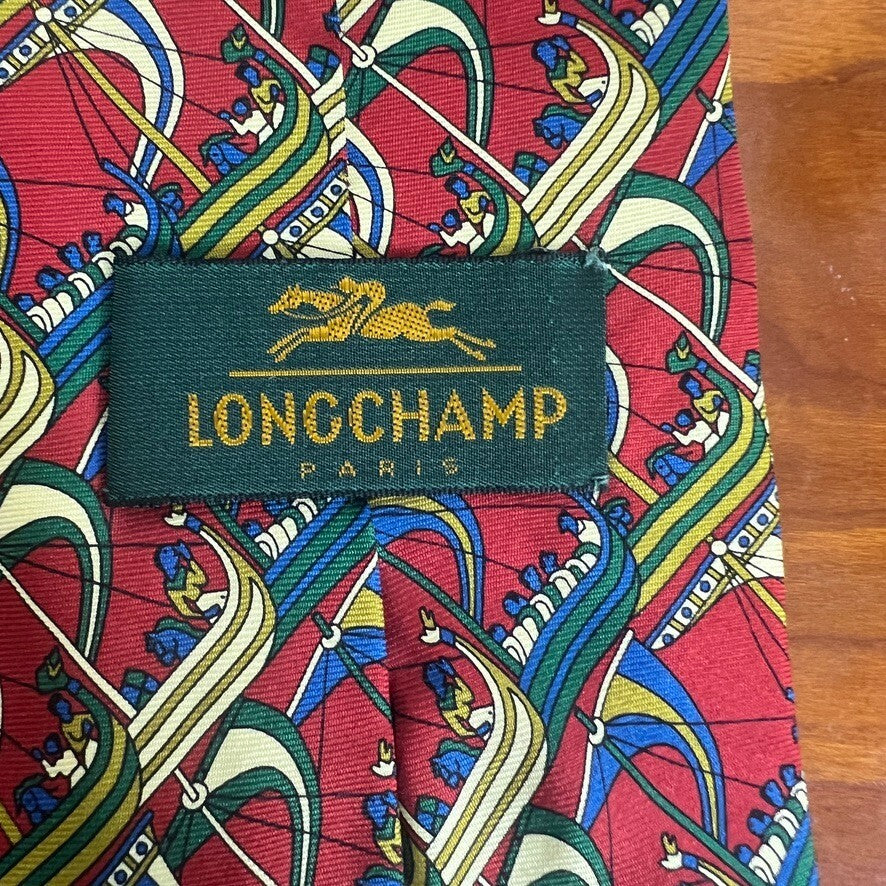 Longchamp Paris Silk Tie Red Viking Ship Print Made in Italy Designer