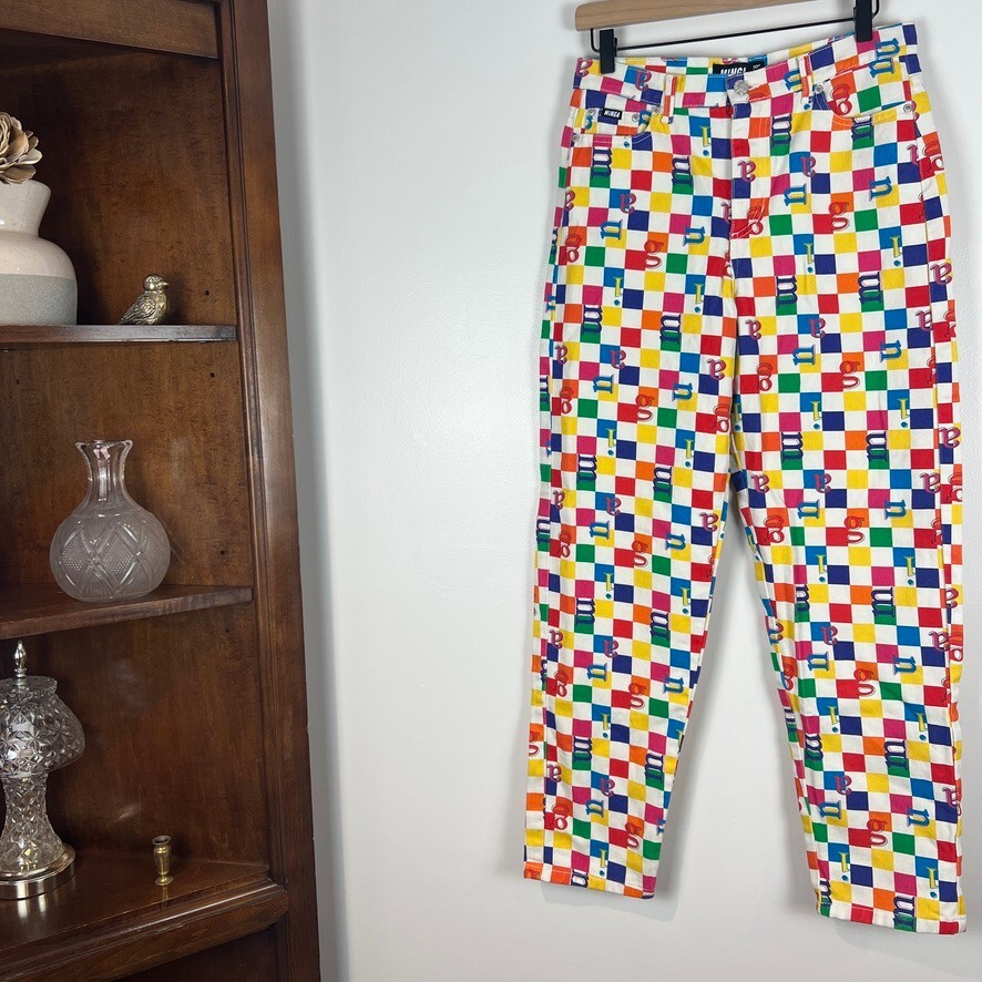 Minga London Checkerboard Graphic Straight Leg Jeans Women's US 6 Colorful