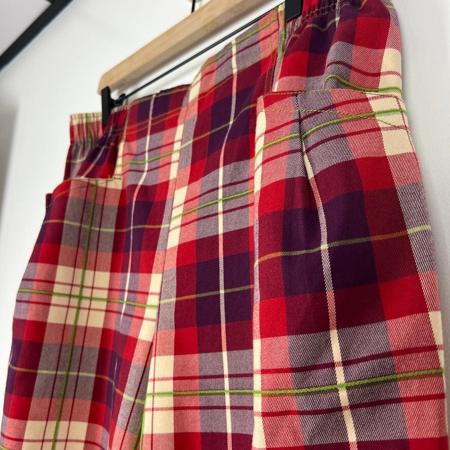 Free People Red Plaid Wide Leg Crop Pants Elastic Waist Women's Large NWOT