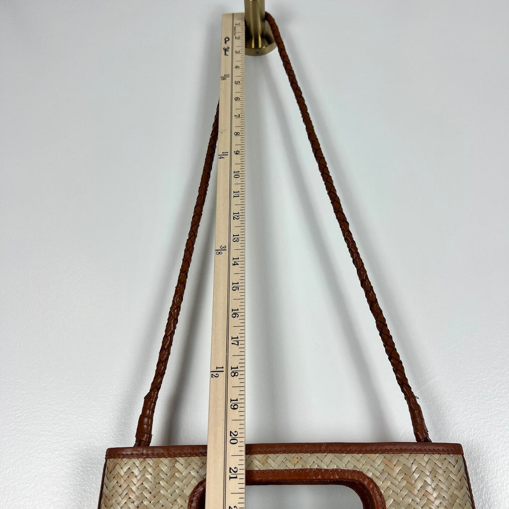 Bembien Woven Straw Leather Shoulder Bag Tote Cutout Handles Brown Natural
