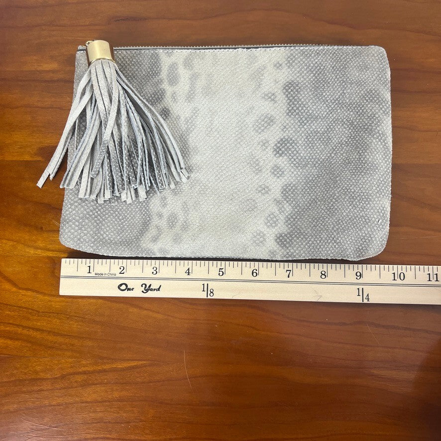 G.I.L.I. Gray Snakeskin Embossed Leather Tassel Zip Clutch Made in Italy