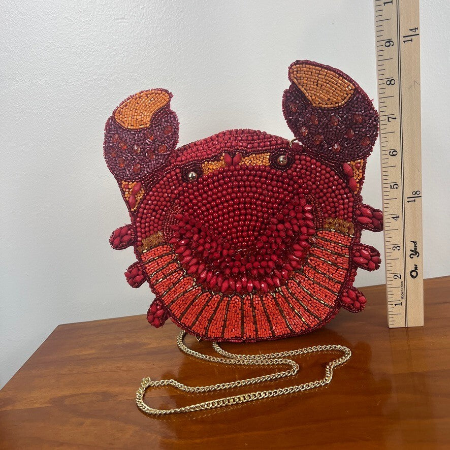 NWT Handmade Beaded Red Crab Crossbody Purse India Novelty Coastal Handbag