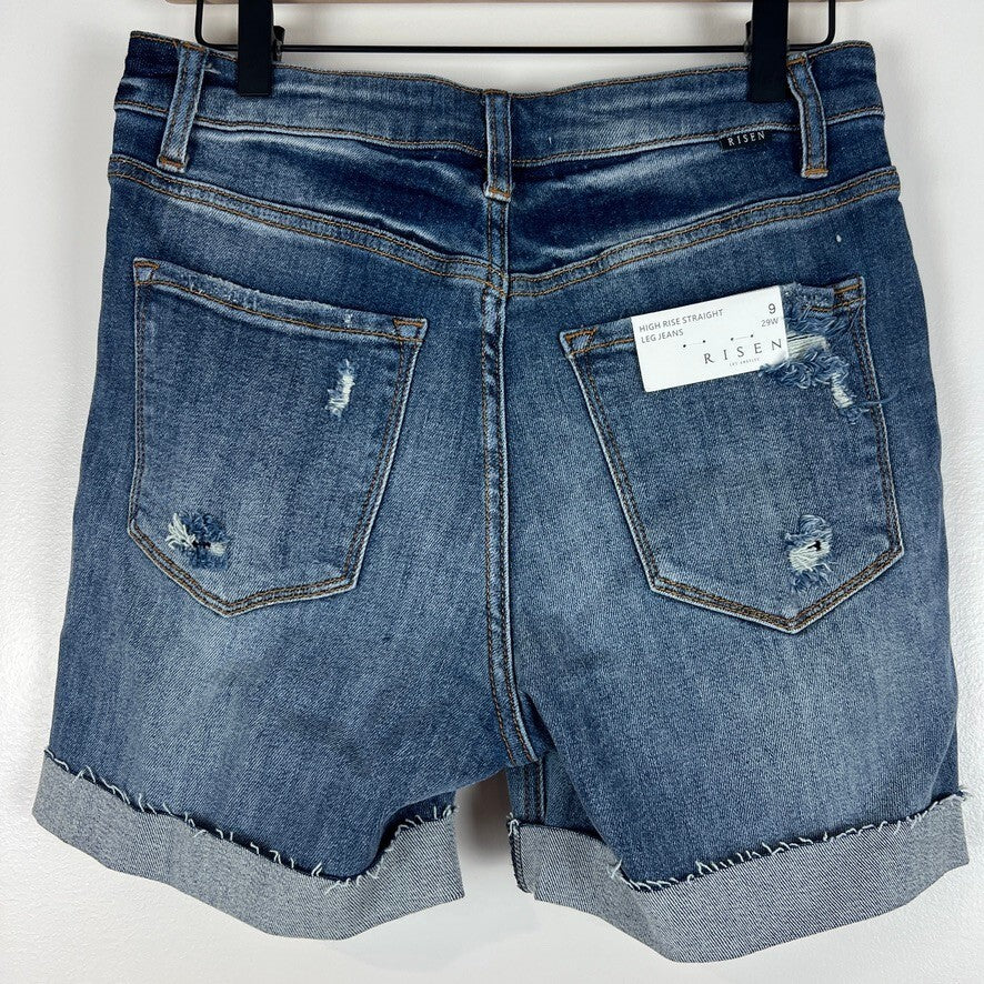 Risen High Rise Distressed Straight Denim Shorts Women's 9/29 NWT Medium Wash